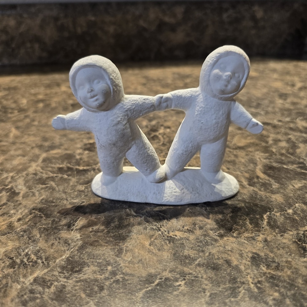 Dept 56 Snowbabies Style Bisque Figurine • Two Kids Ice Skating • White Matte •